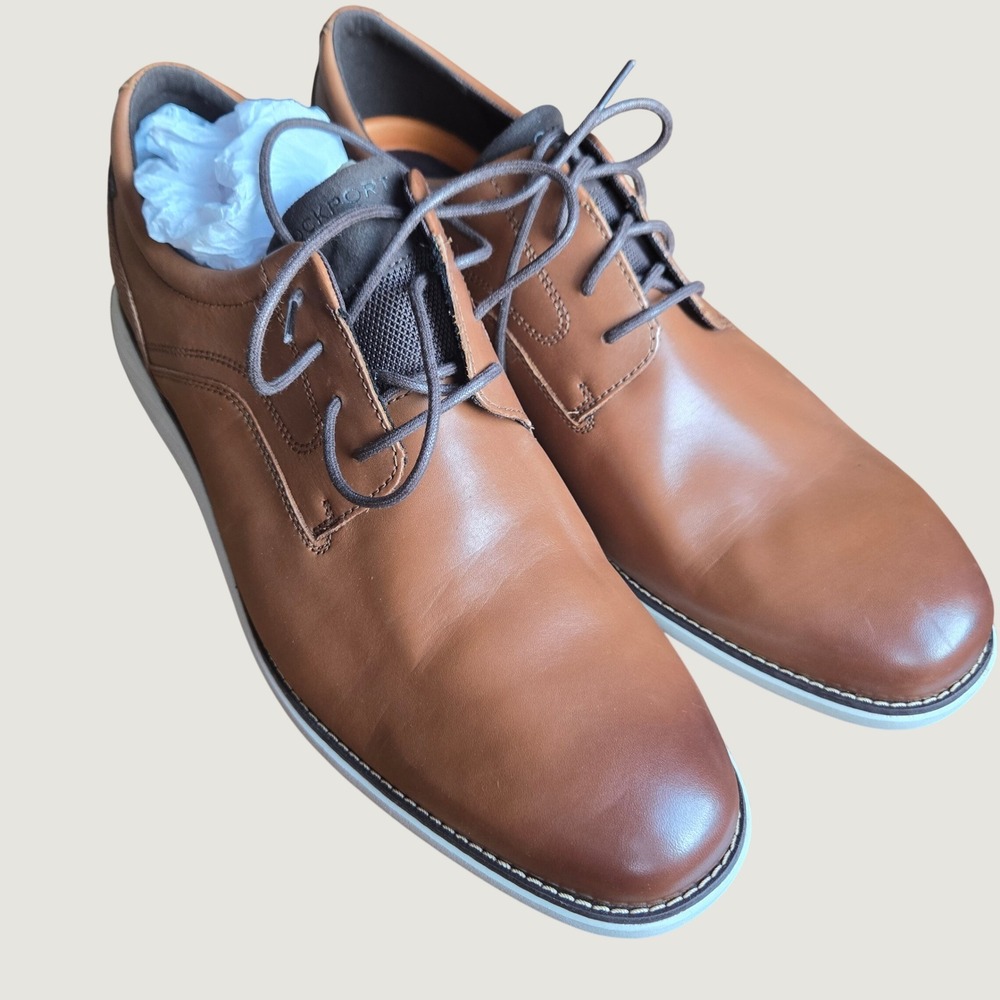 Rockport Garett Plain Toe Oxford Brown Leather Shoes 14W truTECH Business Casual